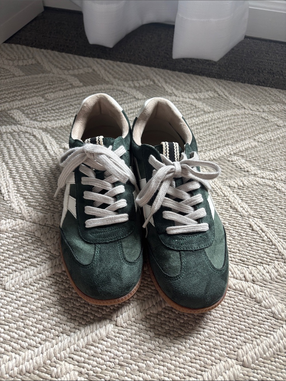 ShuShop Forest Green Suede Sneakers with White Stripes